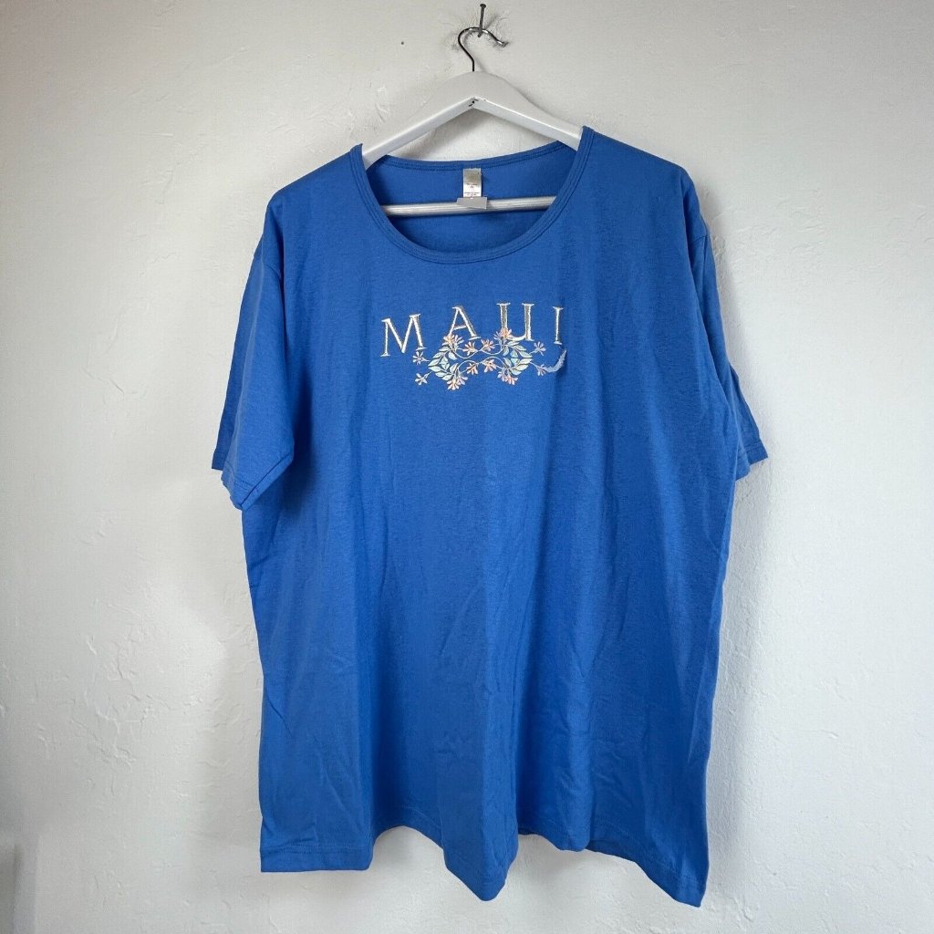 Anvil Womens Embroidered Maui Vine Hawaiian T-Shirt Xl Blue Short Sleeve New